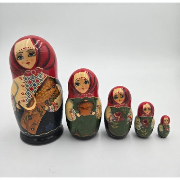 Vintage Russian Matryoshka Nesting Dolls 6-Piece Hand-Painted Floral Wooden Set - Picture 1 of 3